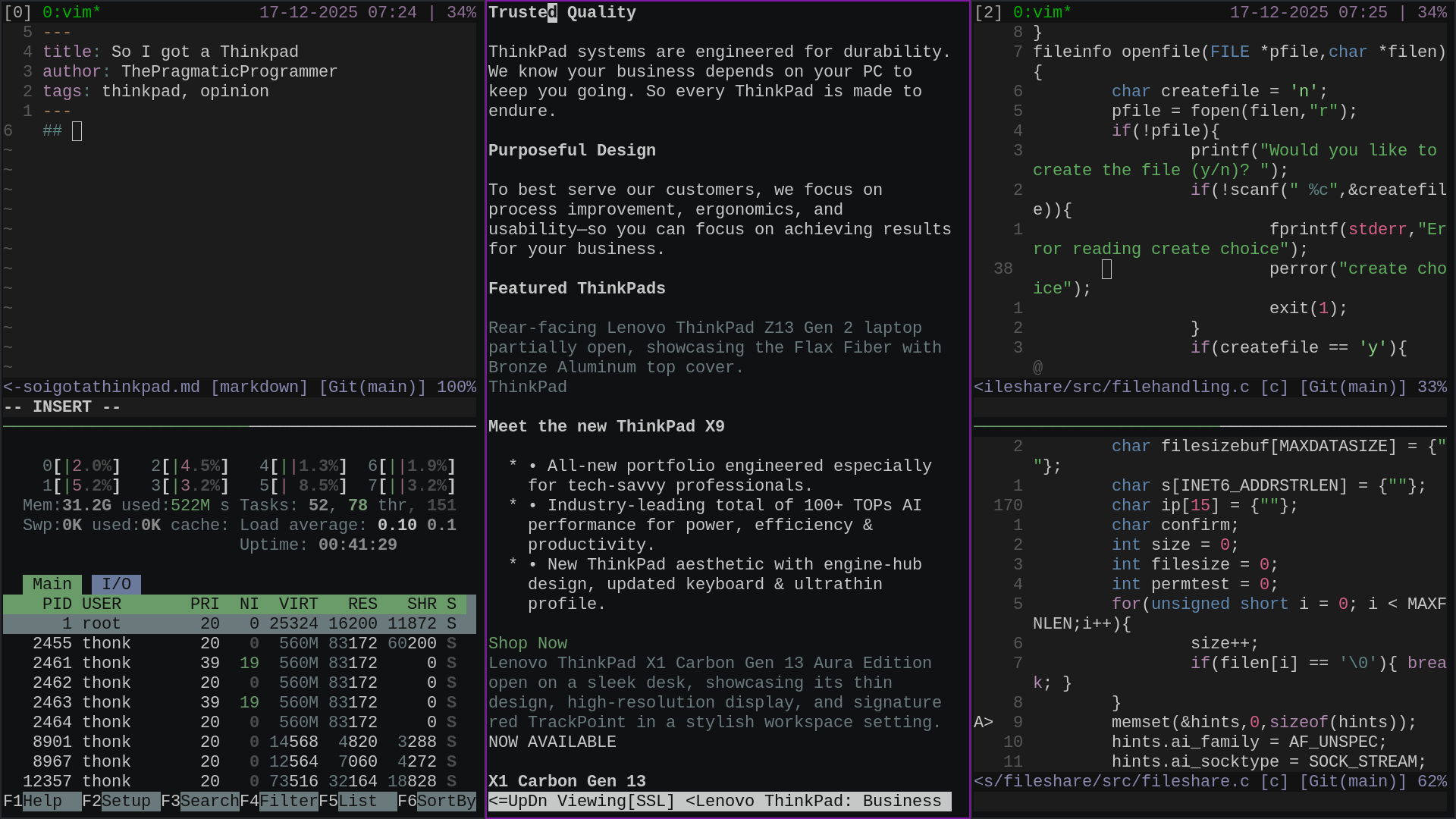 relatively realistic load of 3 vim terminals and a w3m window using sub 600mb of RAM