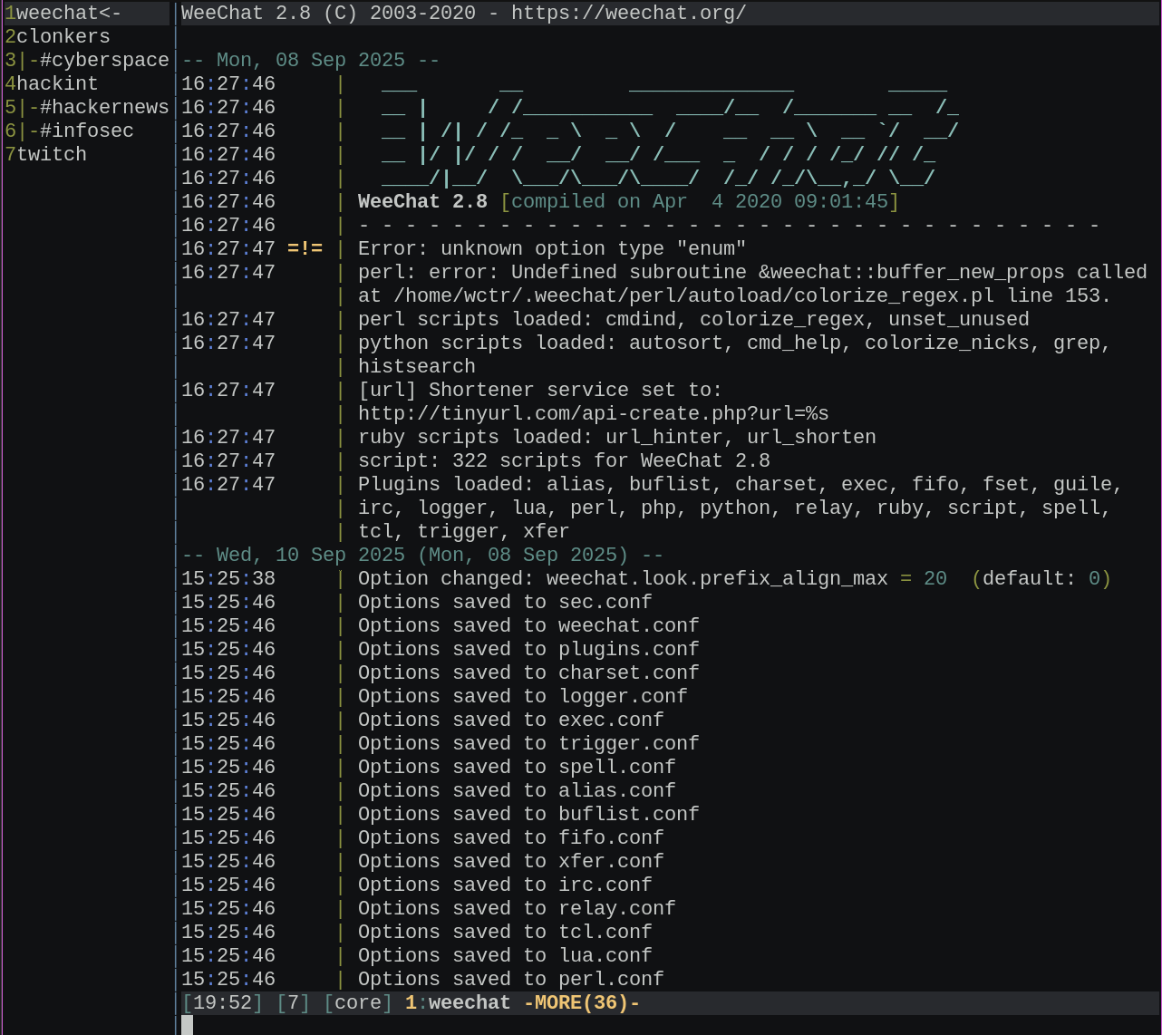 weechat startup screen